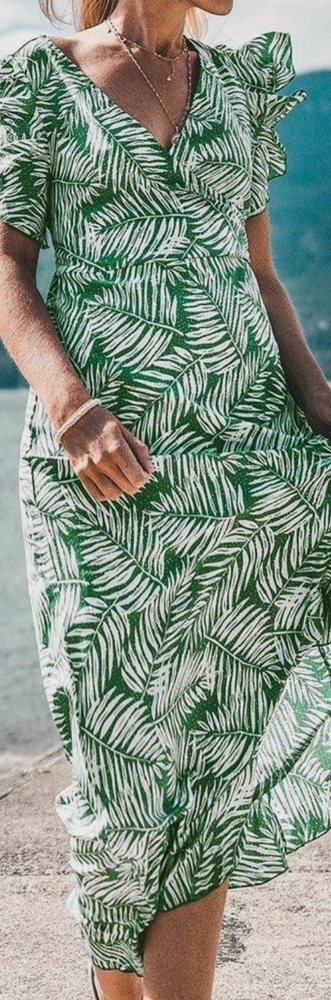 Green Palm Ruffled Wrap Dress